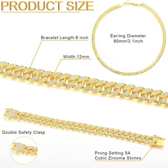 Cuban Link Chain Necklace Bracelet Rhinestone Earrings Bling Necklace Bracelet C - Picture 3 of 6